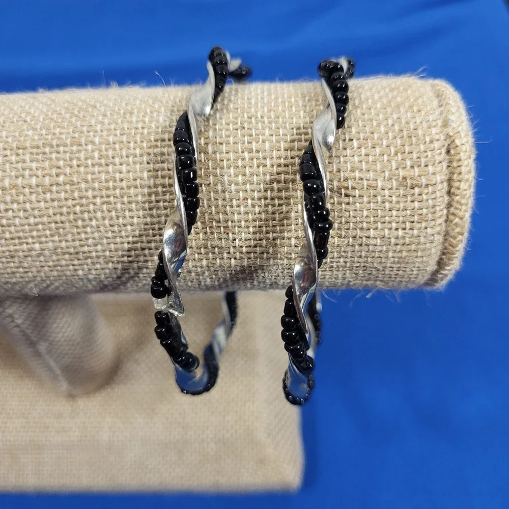 Twisted‎ Black & Silver Beaded Bracelets Bangles Set Of 2